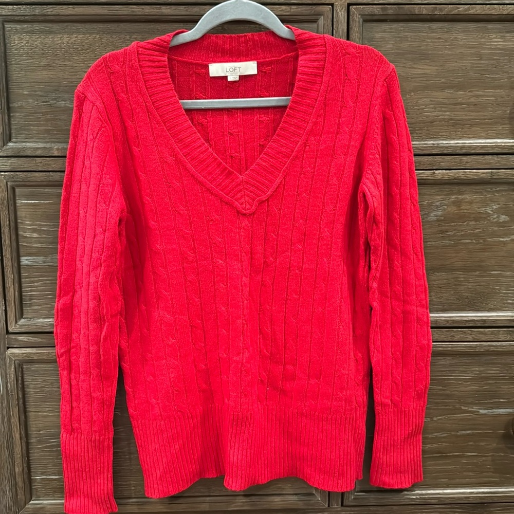 Red loft, V-neck cable knit sweater.